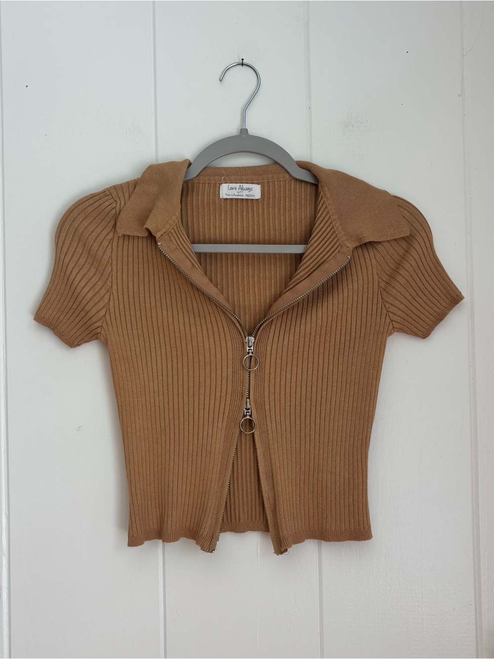 Love Always Ribbed Zip-Front Short Sleeve Top — Camel